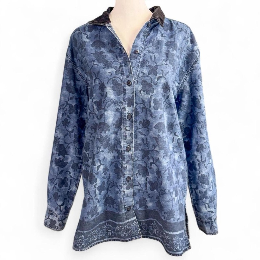 Capacity Vintage 90’s Floral Denim Button Down Shirt Size Small Dark Wash Grunge